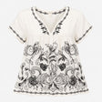 Top Ivory Black Floral Embroidered V-Neck Short Sl