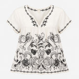 Top Ivory Black Floral Embroidered V-Neck Short Sl