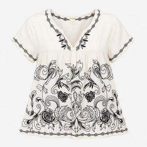 Top Ivory Black Floral Embroidered V-Neck Short Sl