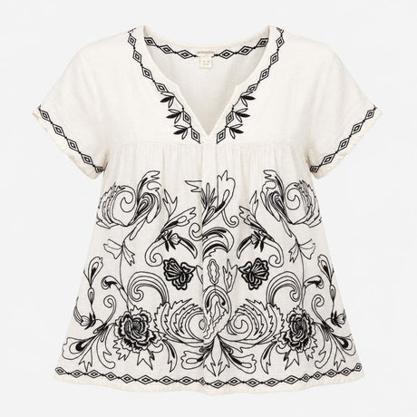 Top Ivory Black Floral Embroidered V-Neck Short Sl