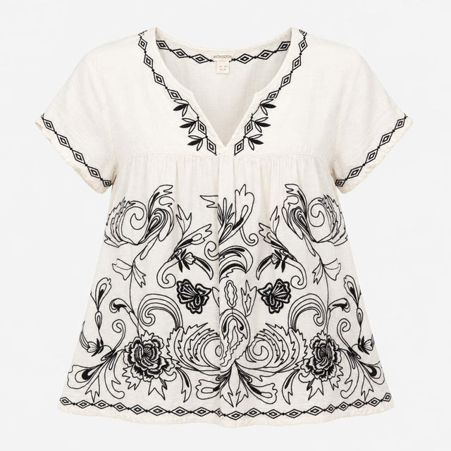 Top Ivory Black Floral Embroidered V-Neck Short Sl