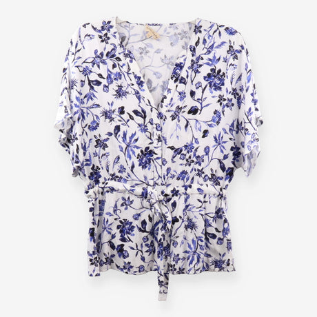 Long Sleeve Button‑Up Blouse, White & Blue Print
