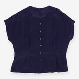 Top Navy Blue 100% Silk Pleated Short Sleeve Crew 