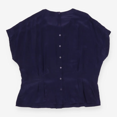 Top Navy Blue 100% Silk Pleated Short Sleeve Crew 