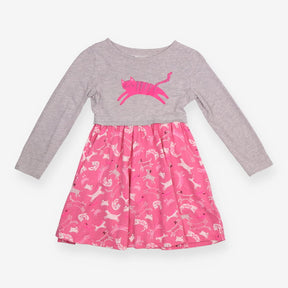 Dress LS grey jersey top pink cat pattern skirt