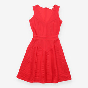 Fit and Flare Dress Red Textured Sleeveless V Neck