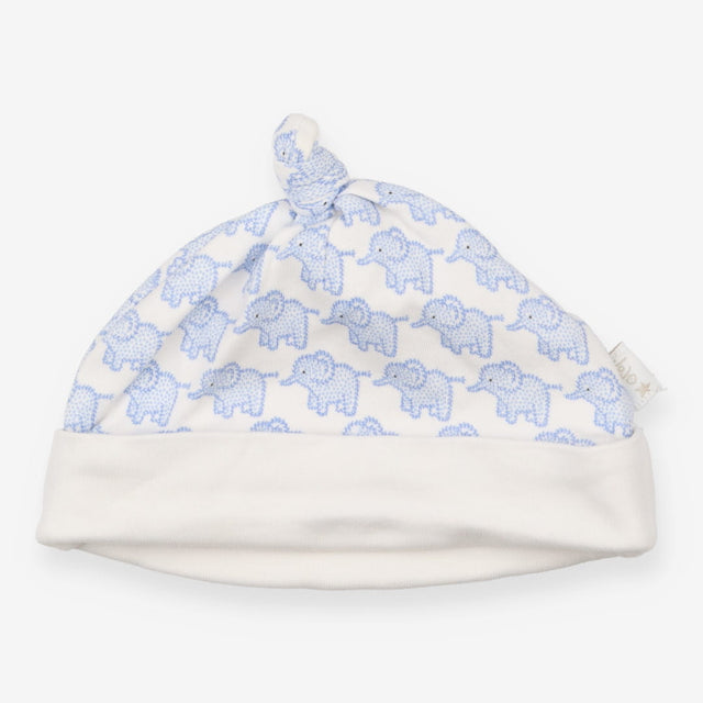 Baby hat white with blue elephants print 
