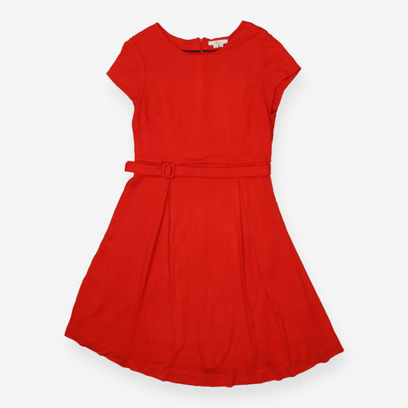 Red fit and flare midi dress with belt