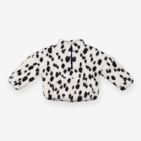 White fleece quarter zip sweater with black spot