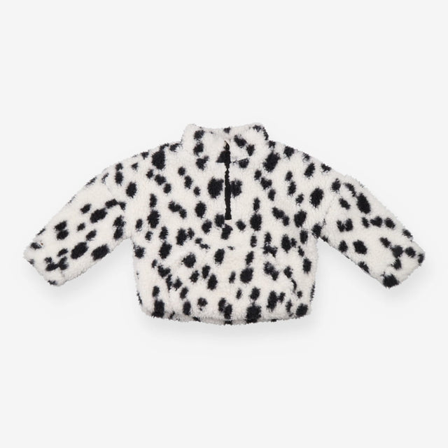 White fleece quarter zip sweater with black spot