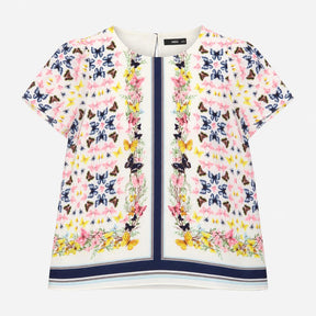 Top Cream Butterfly Floral Print Short Sleeves Nav