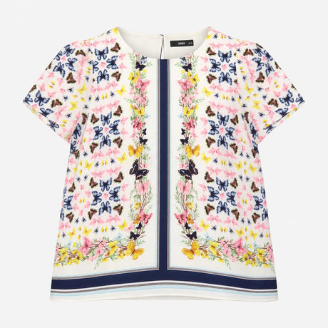 Top Cream Butterfly Floral Print Short Sleeves Nav