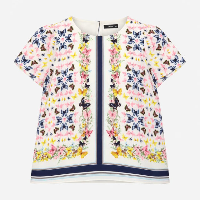 Top Cream Butterfly Floral Print Short Sleeves Nav