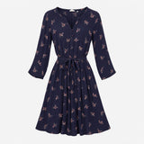 Dress V-Neck Floral Print Navy