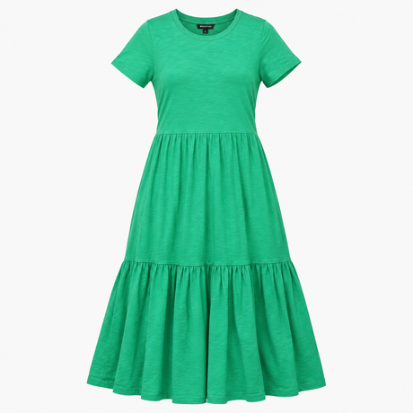 Green Organic Cotton Tiered Midi T-Shirt Dress