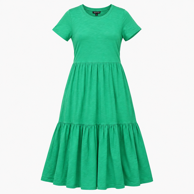 Green Organic Cotton Tiered Midi T-Shirt Dress