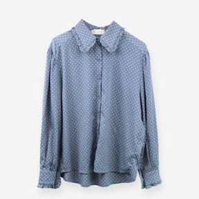 Blue Polka‑Dot Satin Shirt with Peter Pan Collar