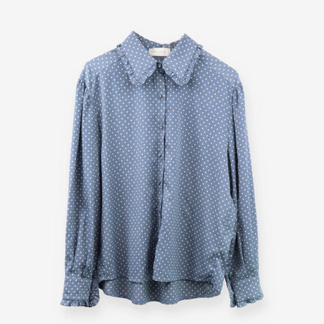 Blue Polka‑Dot Satin Shirt with Peter Pan Collar