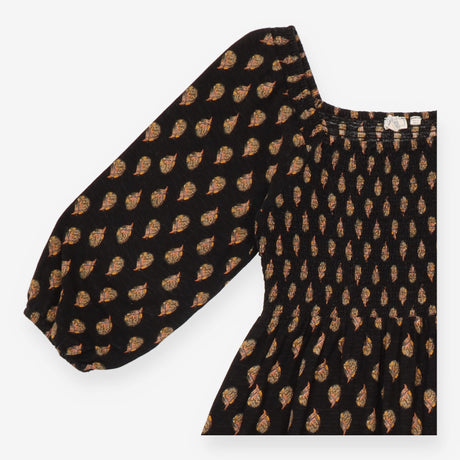 Maxi Dress Black Leaf Print Shirred Bodice