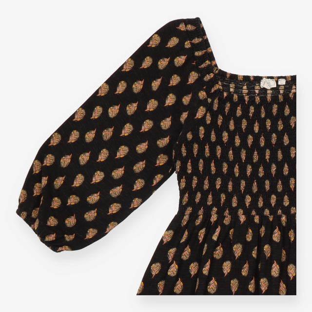 Maxi Dress Black Leaf Print Shirred Bodice