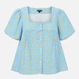 Blouse Blue Floral Print Viscose Short Sleeve Squa