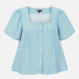 Blouse Blue Floral Print Viscose Short Sleeve Squa