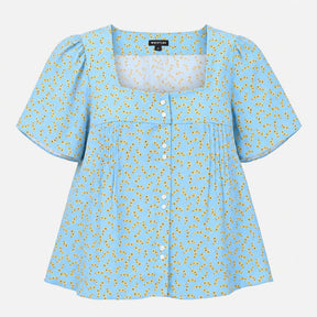 Blouse Blue Floral Print Viscose Short Sleeve Squa