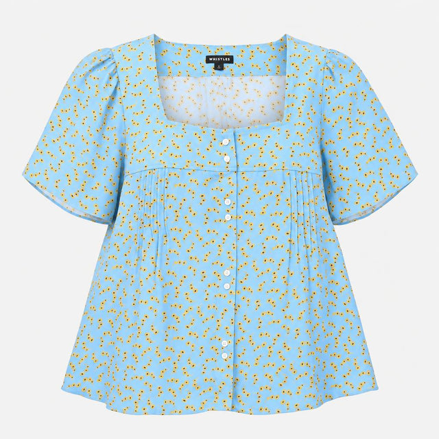 Blouse Blue Floral Print Viscose Short Sleeve Squa