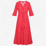 Dress Red White Ditsy Floral Button Front Long Sle