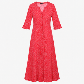 Dress Red White Ditsy Floral Button Front Long Sle