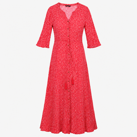 Dress Red White Ditsy Floral Button Front Long Sle