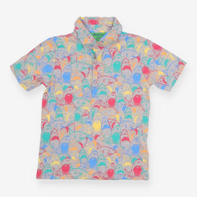 Grey polo with colourful sharks