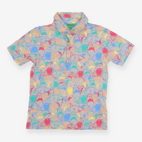 Grey polo with colourful sharks