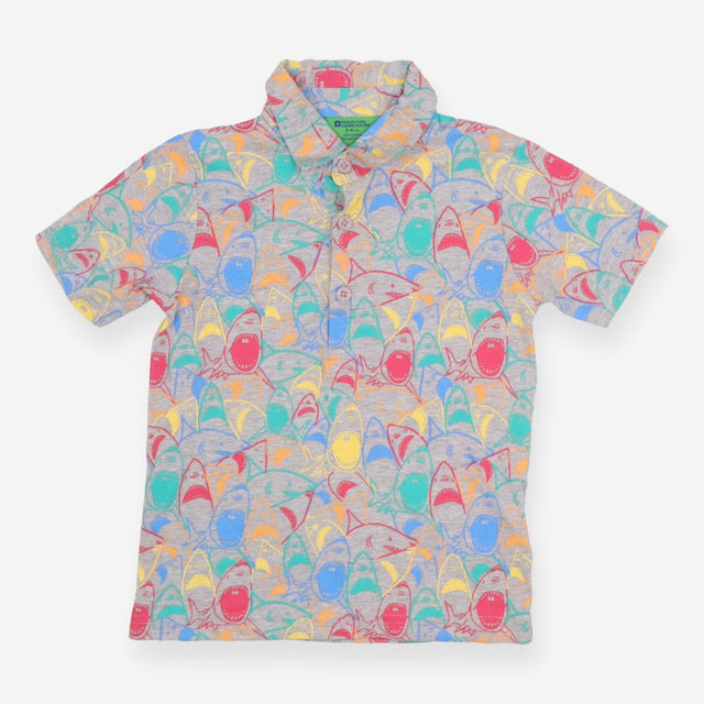 Grey polo with colourful sharks