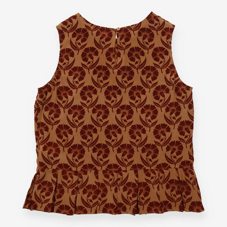 Sleeveless Top Tan Brown Floral Silk Pleated Peplu