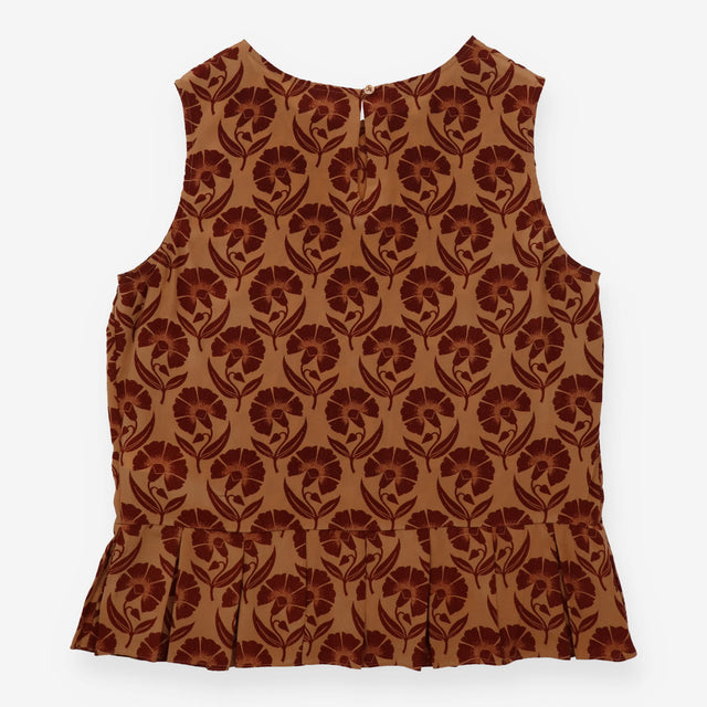 Sleeveless Top Tan Brown Floral Silk Pleated Peplu