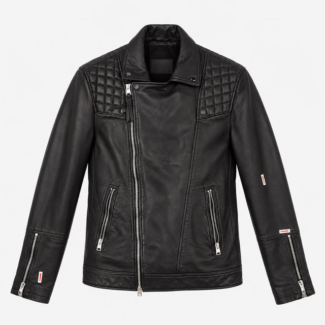 Jacket Black Taro Quilted Biker 100% Lamb Leather 