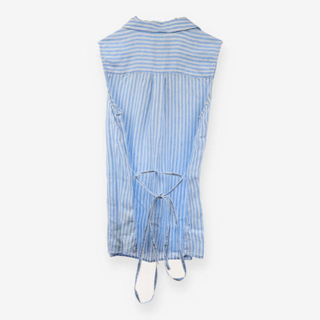 Blue Stripe 100% Linen Sleeveless Tie Waist Blouse