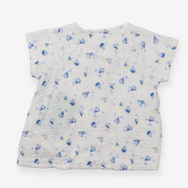 Cotton Gauze Shirt White with Blue and Yellow Boat