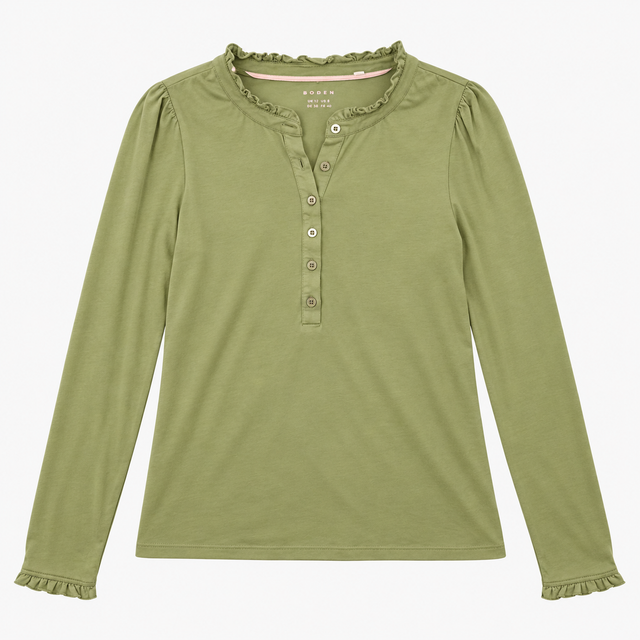 Ruffle Neck Cotton Modal Long Sleeve Top