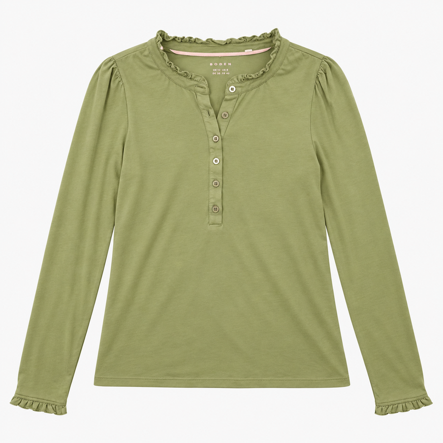 Ruffle Neck Cotton Modal Long Sleeve Top