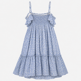 Dress Blue White Ditsy Floral Smocked Bodice Strap