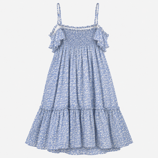 Dress Blue White Ditsy Floral Smocked Bodice Strap