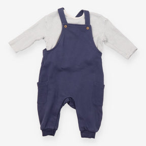 Blue Jersey Dungarees with Striped Long Sleeve