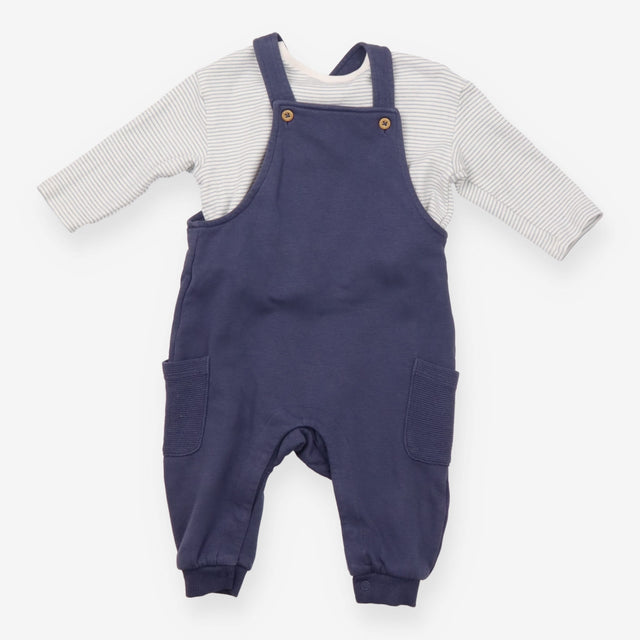 Blue Jersey Dungarees with Striped Long Sleeve