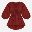 Burgundy Smocked V-Neck Balloon Sleeve dress