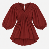 Burgundy Smocked V-Neck Balloon Sleeve dress