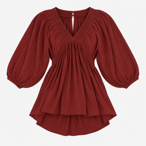 Burgundy Smocked V-Neck Balloon Sleeve dress