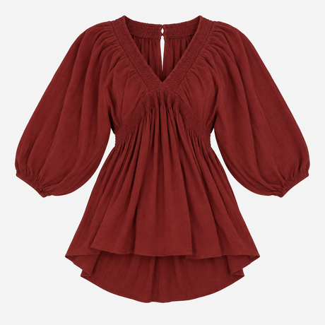 Burgundy Smocked V-Neck Balloon Sleeve dress