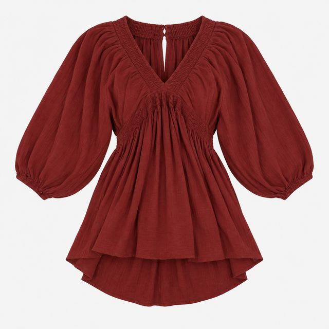 Burgundy Smocked V-Neck Balloon Sleeve dress